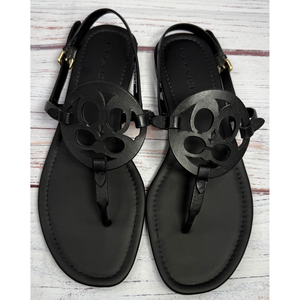 Coach Jaci Logo T-strap Flat Sandals Slingback Women's 8.5B Black Leather C2924